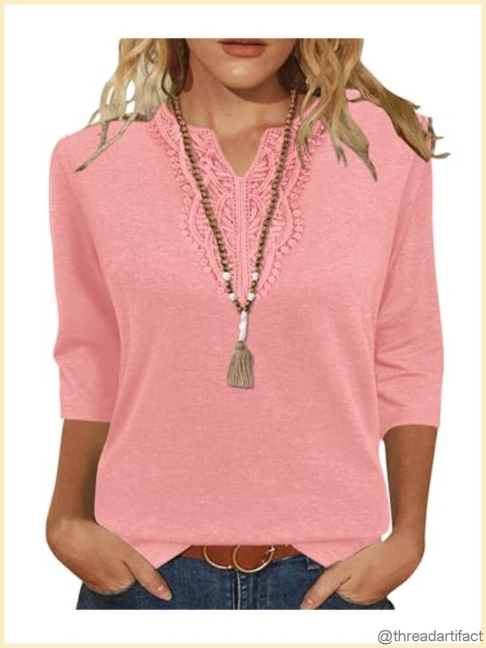 Womens Boho V-Neck 3/4 Sleeve Tunic Blouse Lace Panel Relaxed Fit Top